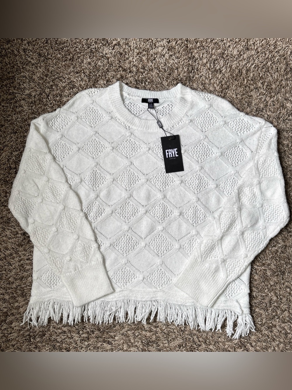 FRYE Cream Crewneck Fringe-Hem Knit Sweater